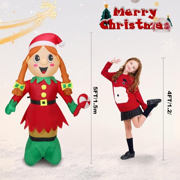 5FT Christmas Inflatable Elf Girl with LED Lights Outdoor Indoor Yard Decor - Picture 2 of 7